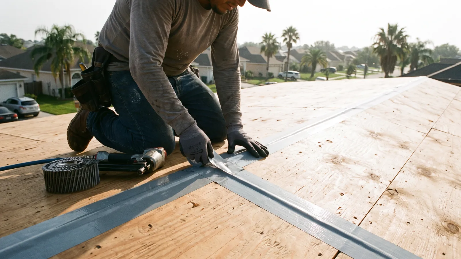 Roof deck seams sealed with tape and ring-shank nails being driven for a FORTIFIED Roof install on the Gulf Coast
