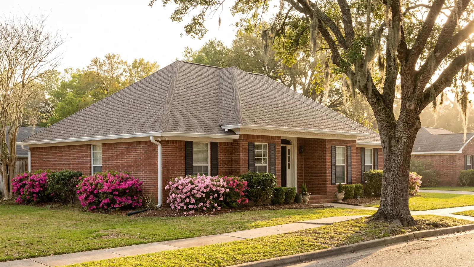 New weathered-wood architectural shingle roof on a brick home in a Mobile neighborhood with azaleas in bloom