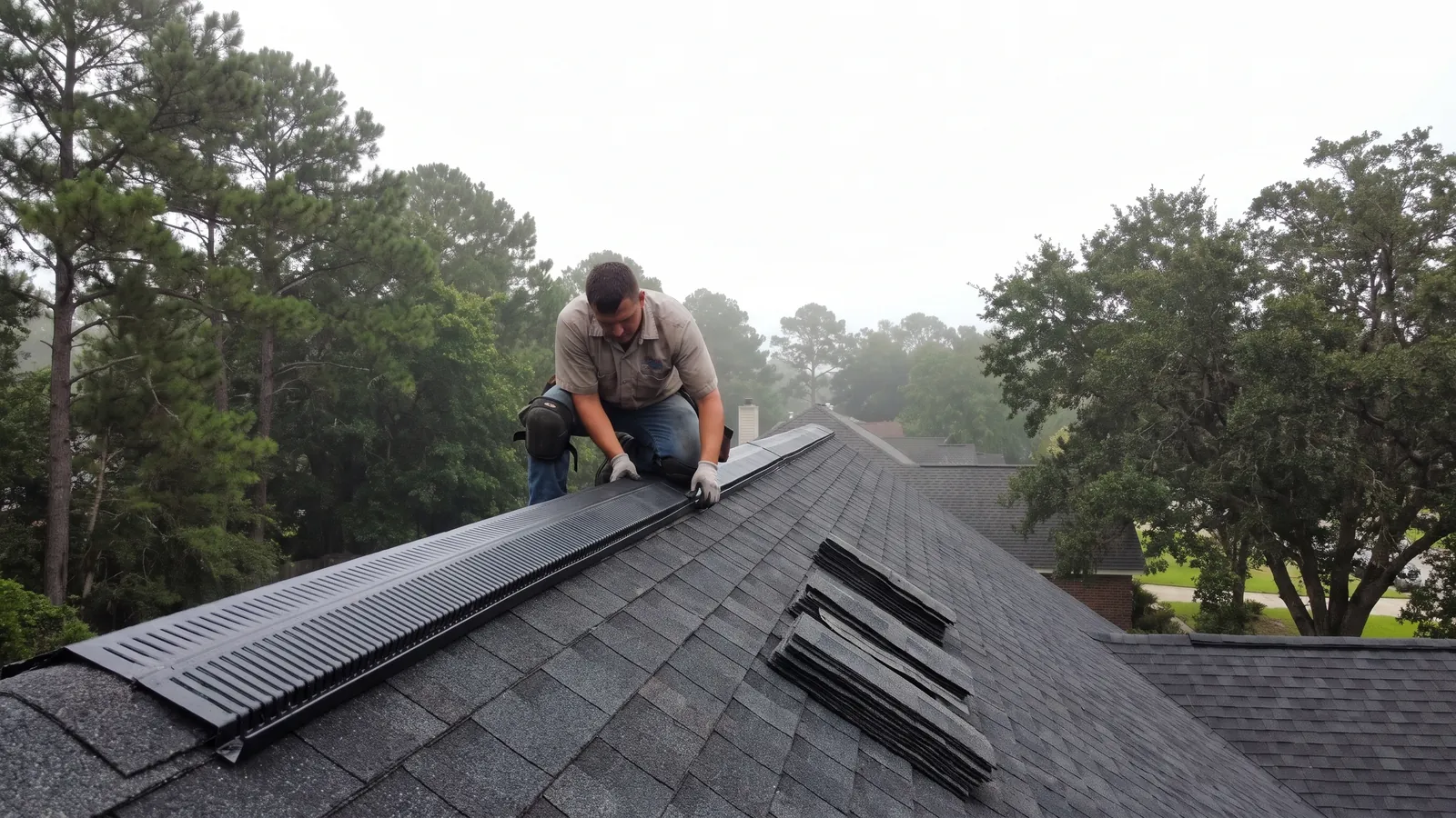 Ridge vent being installed along the peak of a shingle roof under a hazy Mobile summer sky