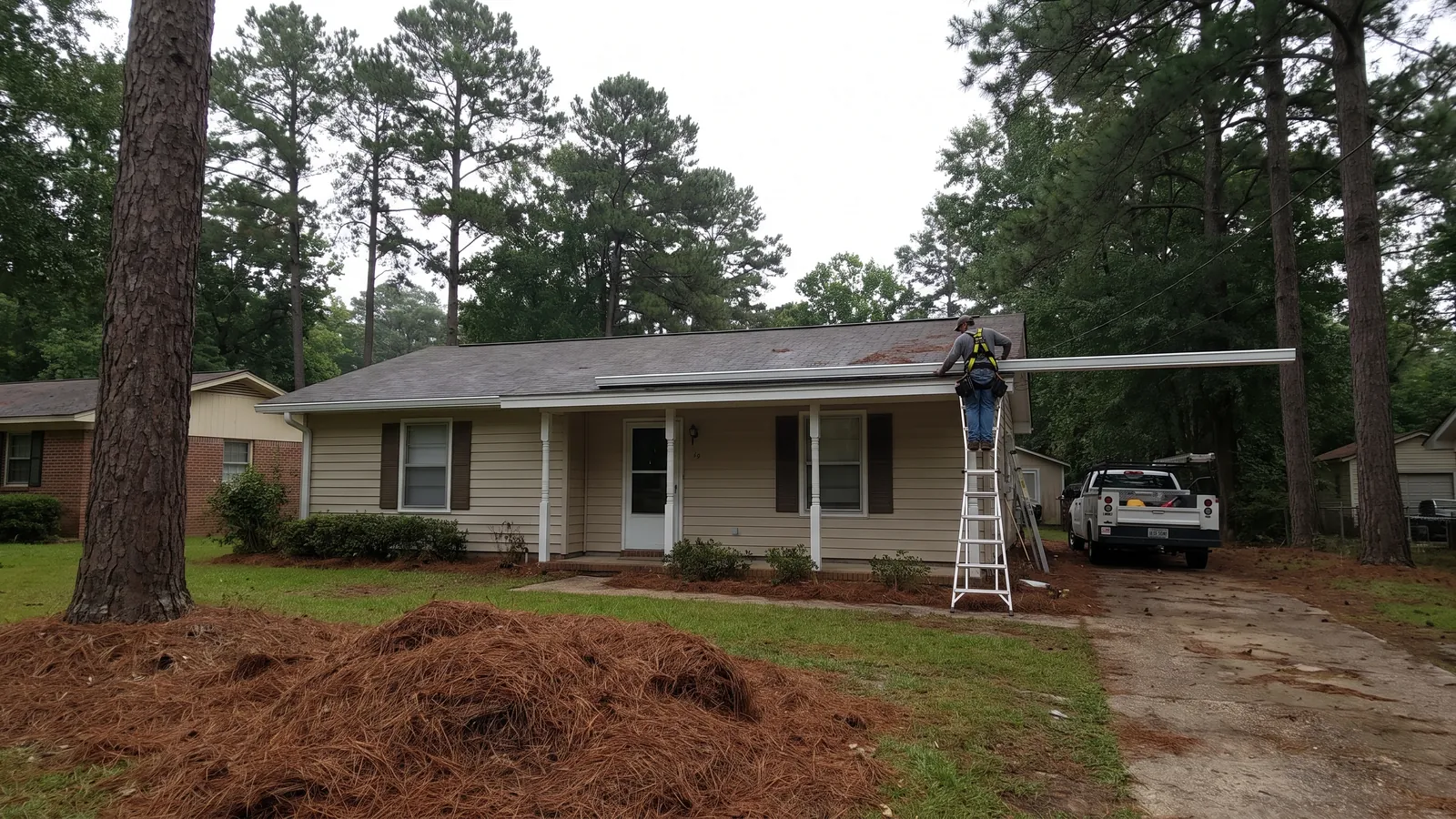Technician installing seamless aluminum gutters with guards on a Mobile home surrounded by pines